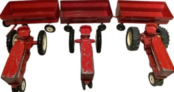 Trio Of Red Metal Tractor Toys And Farming Carts (Tractors 8x5x4.5-Trailers 8x4x3.5)