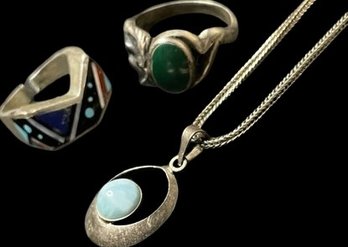 Sterling Pendant With Chain, Gemstone Rings.