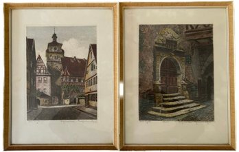 A Pair Of Pencil Sketch Artwork Ernst Geissendorfer 'Rothenburg Tor' Signed Etching Print