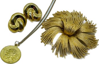 Vintage Goldtone Pieces - Brooch By Monet, Earrings By Trifari, Faux Coin And Chain