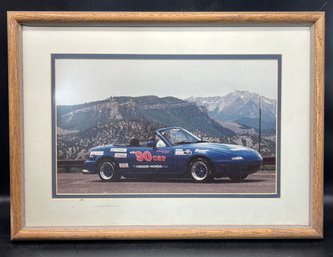 Wooden Framed Photograph Of Dark Blue 90 CSP Mazda-honda With Driver (13in X 18in)