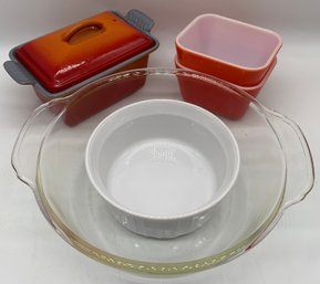 Fire-King 2qt Dish, Le Creuset Flame Orange Dish, 2 Vintage Pyrex Dishes, Corningware Dish