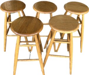 Set Of 5 Swiveling Hardwood Barstools- Some Show Ring Stains As Pictured. 17x17x31