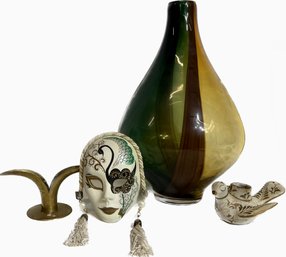 Large Glass Vase, Brass Candle Holder, Painted Bird Candle Holder, And Jester Mask