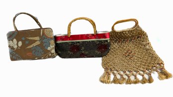 Yang Handbag (missing Pin In Handle), Margaret Smith Purse, And Woven Bead Beach Bag (13x14)