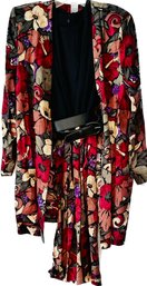 JB Wright Petites, Size 12. Sleeveless Dress With Belt & Matching Jacket. Burgundy, Olive Green, Brown Floral