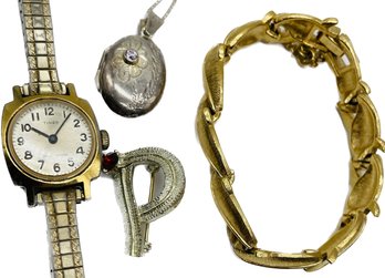 Vintage Ladies Watch. Pin Initial 'P' With Gemstone. Locket With Gemstone. Chain From Italy. Bracelet.