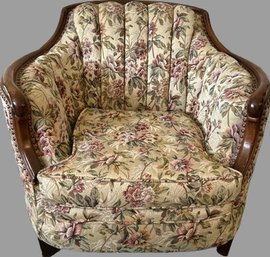 Carved Wooden Trim Armchair With Floral Upholstery- 35Wx36Dx31T, No Visible Branding