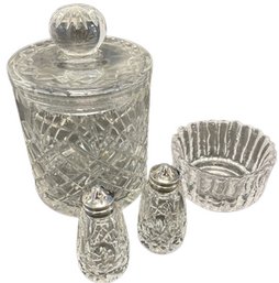 Crystal Jar With Lid, No Markings. Small Bowl Simon Pearce. Waterford Salt And Pepper Shakers.