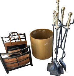 Wood Fireplace Accessories, Including Firewood Holder & Storage Crock (15 H 14 D)