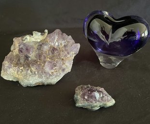 Two Purple Amethyst Geodes & Purple Heart Shaped Vase.