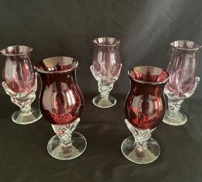 (3) Signed Robert Deeble Vermont STUDIO Art Glass Wine TADPOLE GOBLETS Purple & (2) Similar Dark Pink Glasses,