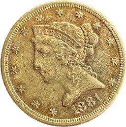 1881 Liberty 5 Dollar Gold Coin, 8.35g