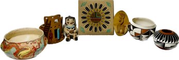 Native America Acoma Pots, Navajo Sand Painting, Pueblo Pottery Storyteller Figurine, And More