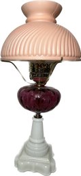 Swirl Ribbed Antique Lamp With Cranberry Glass