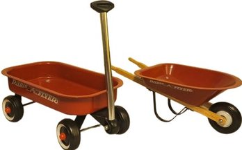 Toy Sized Radio Flyer Wagon (13'x13'x7.5')  And Wheelbarrow ( 17' X 9' X 6')