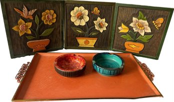 Vintage Tray, Ashtray And 3 Pieces Flower Sculpture Wooden Carved - 22x12