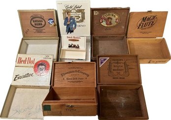 Assorted Wooden And Paper Cigar Boxes Including Dino Gold Label, Magic Flute, South O Market & More!