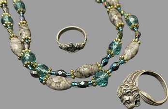 Sterling Lion Ring. Roses Ring, Beaded Necklace, Gray Green, And Blue Beads With Glow Gold Accent.