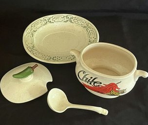 Southwest Chile Bowl With Plate, Lid & Serving Ladle.