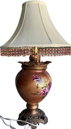Vintage Table Lamp With Purple Floers, Beaded Lamp Shade. Untested 26' H