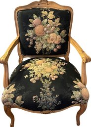 Vintage Floral Upholstered Chair With Wood Frame 27x23x37. Fabric Shows Some Fraying At Edges.
