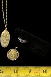 Flower Design Pendant With Chain. Pendant Of Woman. 14 Karat Gold Ring With Gemstones. Ring 2.54 Grams.