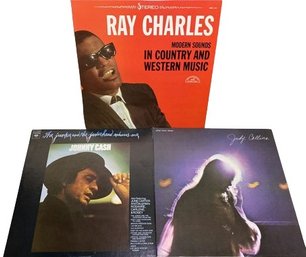 Three Vinyl Records Including Johnny Cash, Judy Collins And Ray Charles