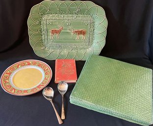 12 Green Woven Placemats, Platters, Spoons & Antique Book.