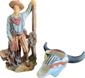 Plastic Cowboy Statue And Ceramic Painted Skull
