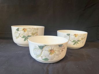Three Ceramic Bowls By Secret Garden. Includes 3 Microwave Safe Venting Lids.