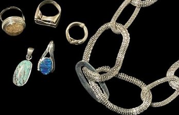 Fashion Jewelry: Silvertone Necklace, Pendants With Gemstones, Sterling Rings, And Gemstones