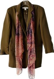 Josephine Chaus Collection, Ladies Silk Blazer, Size 6, Olive Brown Color, Multi Color, Silk Scarf