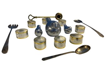 Silver-plated Utensils (longest 9.5 Inches), Metal Napkin Rings, Candle Snuffer And Lazy Susan Bird Figurines