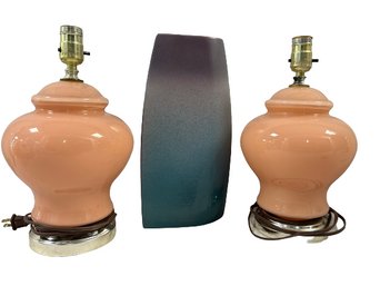 Pink Glass Lamps And Multicolored Vase- 7x4x13.5