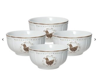 (NEW) Farmhouse Hen Set Of 4 Fruit Bowls, Set Of 4 Fruit Bowls, Each Measure 4-1/2 Inch Dia & 12 Ounces