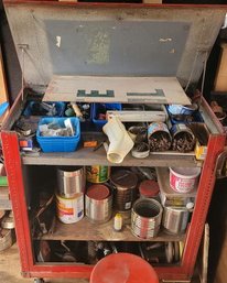 Work Cart With Good Collection Of Nails, Shop Tools , And Things. Stool Included (40.5'H X 19.5'W X 36'L)