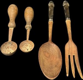 Wood And Metal Salad Spoon And Fork And Measuring Spoons