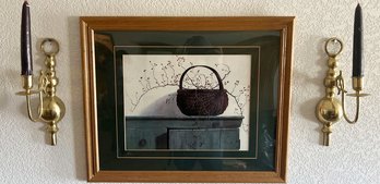 Framed Hanging Wall Art & (2) Candle Holders