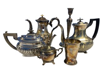 Silver-plated Mix- Coffee Pots (largest 7x10 Inch), Sugar Dish, Mint Julep Glass And 11 Inch Candle Stick Hold