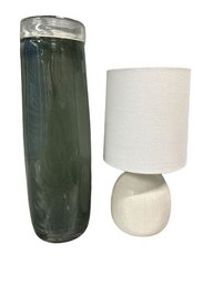 Small White Lamp (working) And Tall Glass Vase