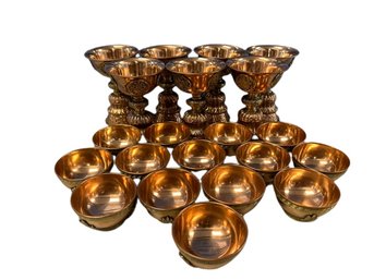 Amazing Set Of Copper Tibetan Butter Lamps And Offering Bowls. 7lamps 6 Tall, 14 Bowls 3x3x1.5