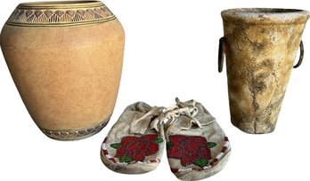 (2) Pottery Jugs. Leather Beaded Flower Design Moccasins