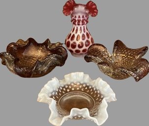 Fenton Coin Dot Vase, Murano Glass Art Bowl,  Ornate Glassware (Tallest Is 6in)