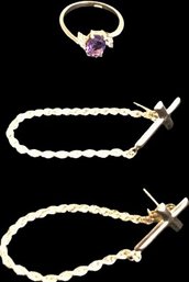 Gold/Amethyst Ring (size 5) &  Gold Cross Chain Earrings
