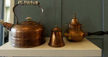 Copper Kettle, Teapot, And Creamer