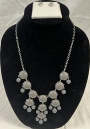 Grey & Silver Tone Necklace & Earrings, Chain Is 20