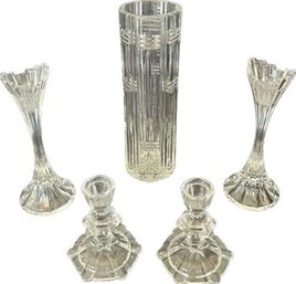 Glass Vase & 2 Sets Of Candlestick Holders.
