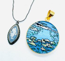 Goldtone Pendant With Lily Pond Scene. Wedgewood Pendant Made In England With Silvertone Chain.