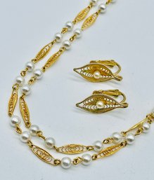 Goldtone Pearl Necklace And Matching Clip Earrings. Leaf Design.